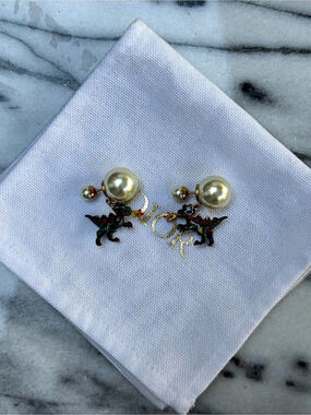 Christian Dior Pearl & Green Dragon Tribales Earrings & Gold Posts